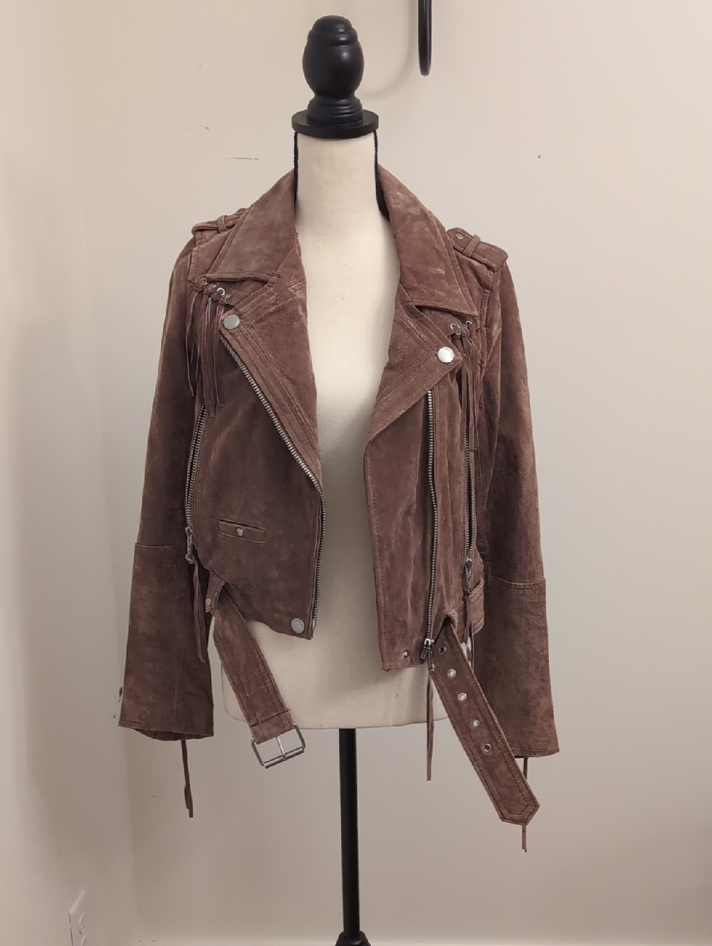 Blank NYC Taupe Brown Suede Fringe Moto Jacket